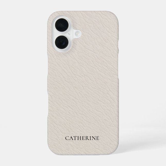 Custom Name Elegant Faux Ivory Leather iPhone 16 Case (Back)