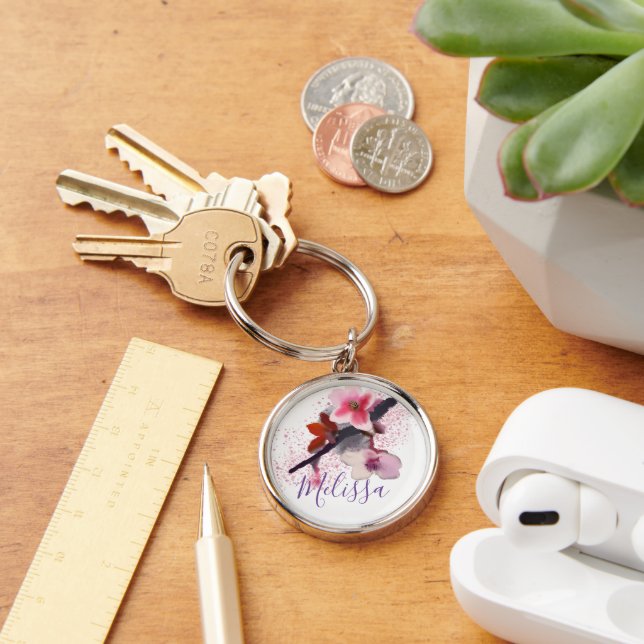 Custom Name | Elegant Pink and Purple Cherry Key Ring (Desk)