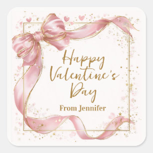 Custom Name Elegant Pink Ribbon Valentine’s Day Square Sticker