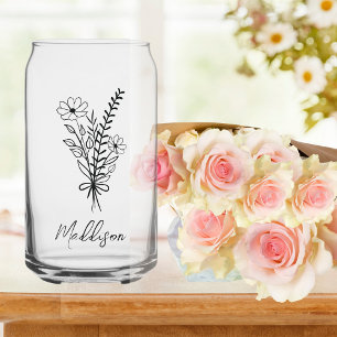 Custom name, Elegant typography flower bunch Can Glass