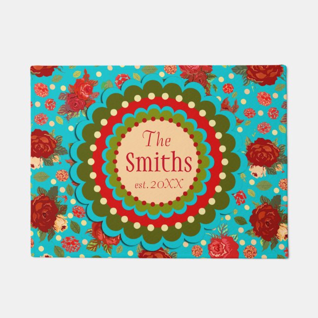 Custom Name Elegant Vintage Roses Door Mat (Front)