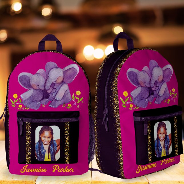 Custom Name Elephant Glitter Lefty Purple School  Printed Backpack (Creator Uploaded)