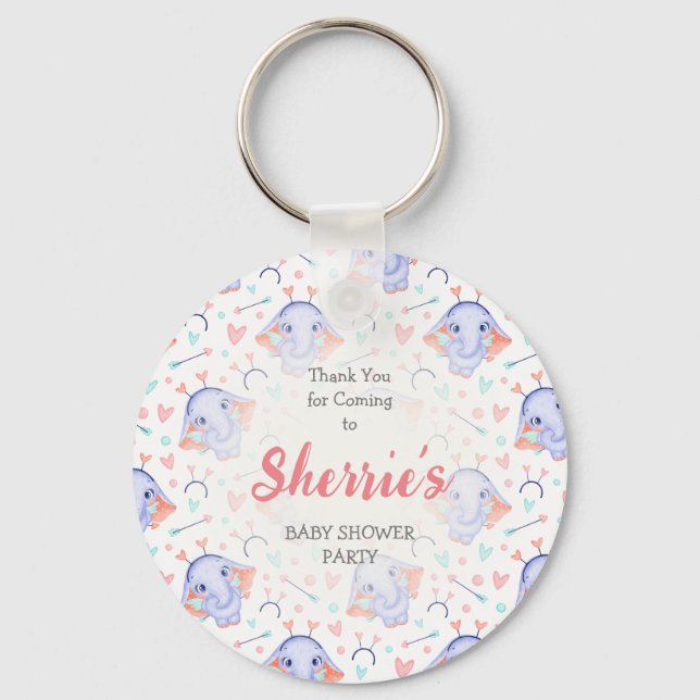 Custom Name Elephant Theme Baby Shower Key Ring (Front)