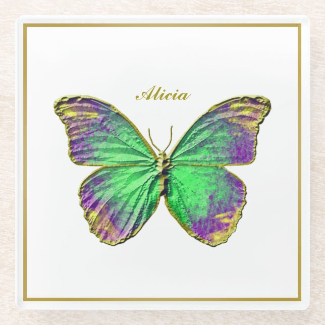 Custom Name Emerald Butterfly Glass Coaster (Front)