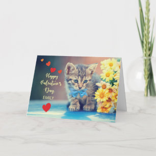 Custom Name Emily Love Valentine Kitten, Daisies Card