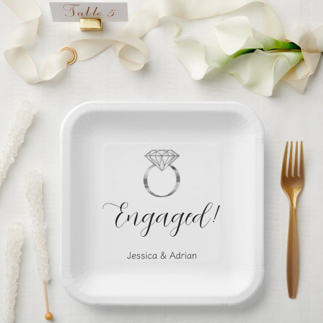 Custom Name Engaged Diamond Ring Engagement Party Paper Plate (Wedding)