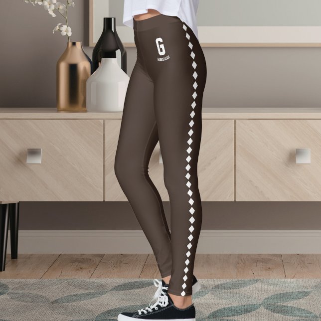 Custom Name Espresso Brown White Pattern Monogram Leggings (Creator Uploaded)