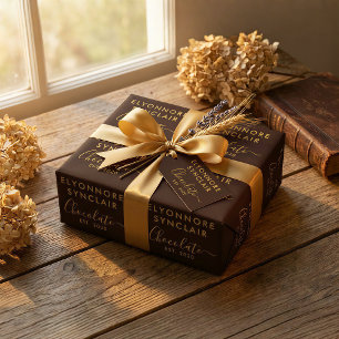 Custom Name Est Date Brown Gold Script Chocolate Wrapping Paper