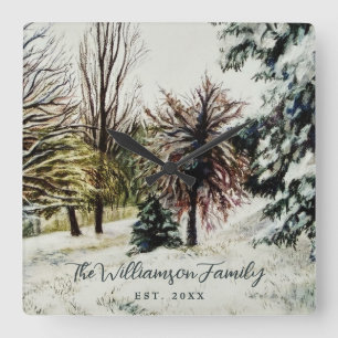 Custom Name Est. Year Watercolor Winter Nature  Square Wall Clock