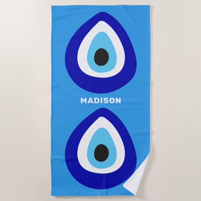 Custom Name Evil Eye Nazar Amulet Beach Towel (Front)