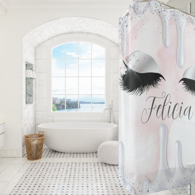 Custom Name Eyelashes Makeup Rose Girly Drips Shower Curtain (Creator Uploaded)
