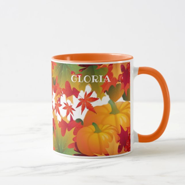 Custom Name Fall Leaves and pumpkins Mug (Right)