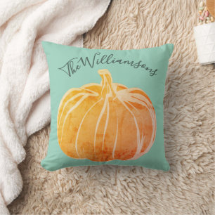 Custom Name Fall Pumpkin Green Orange Watercolor Cushion
