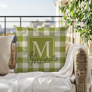 Custom Name Fall Season Green Gingham Pattern Cushion