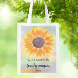 Custom Name Family Reunion Reusable Grocery Bag<br><div class="desc">This Family Reunion reusable grocery bag is decorated with a yellow watercolor sunflower and a colourful background. Easily customisable. Use the Customise Further option to change the text size, style, or colour. Because we create our artwork you won't find this exact image from other designers. Original Watercolor © Michele Davies....</div>