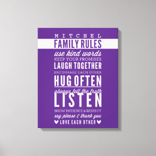 CUSTOM NAME FAMILY RULES modern typography purple Canvas Print