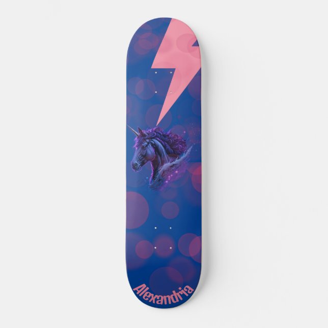 Custom Name Fantasy Unicorn Pink Lightening Skateboard (Front)