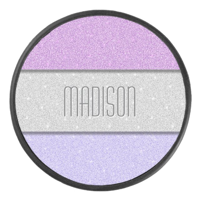 Custom Name Faux Glitter Bling Hockey Puck (Front)