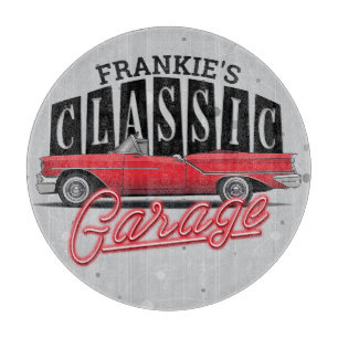 Custom NAME Faux Neon 1950's Classic Car Garage Cutting Board