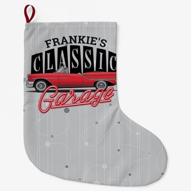 Custom NAME Faux Neon 1950's Classic Car Garage Large Christmas Stocking (Front)