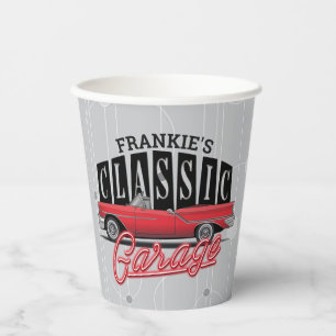 Custom NAME Faux Neon 1950's Classic Car Garage Paper Cups