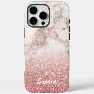 Custom Name Faux Rose Gold Glitter White Marble iPhone 16 Pro Max Case