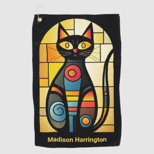 Custom Name Faux Stained Glass Cat Golf Towel