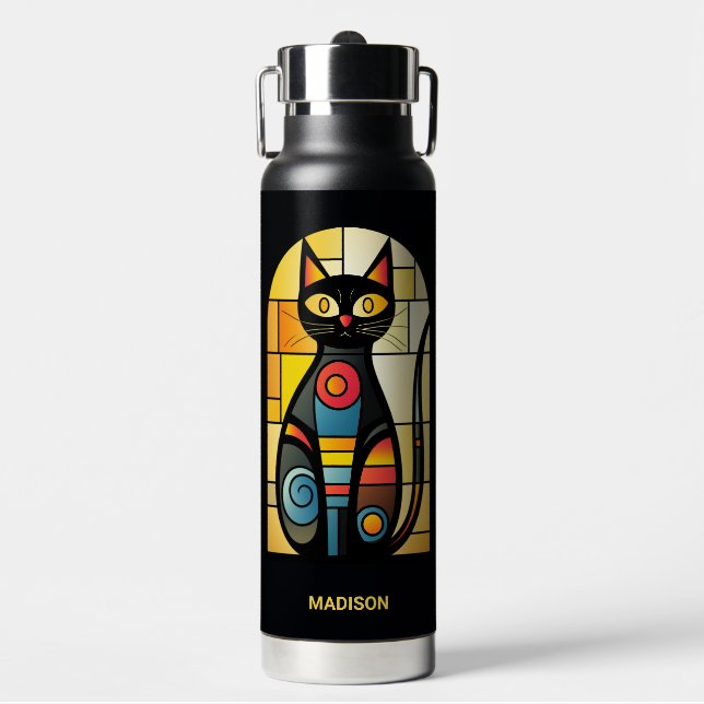 Custom Name Faux Stained Glass Cat Water Bottle (Front)