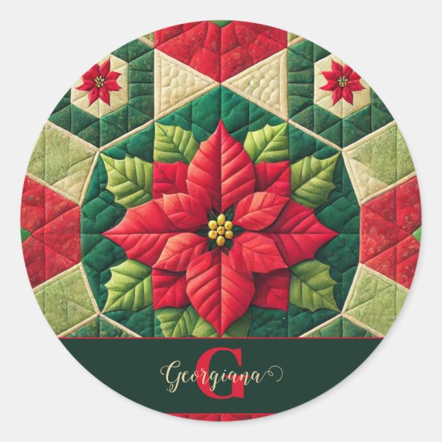 Custom Name Festive Floral Patchwork Poinsettia Classic Round Sticker (Front)