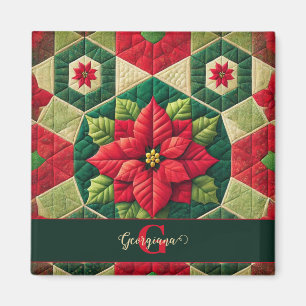 Custom Name Festive Floral Patchwork Poinsettia Magnet