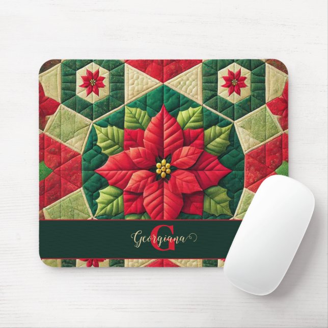 Custom Name Festive Floral Patchwork Poinsettia Mouse Pad (With Mouse)