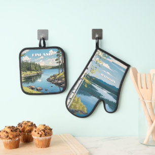 Custom Name Finland Nature Illustration Oven Mitt & Pot Holder Set