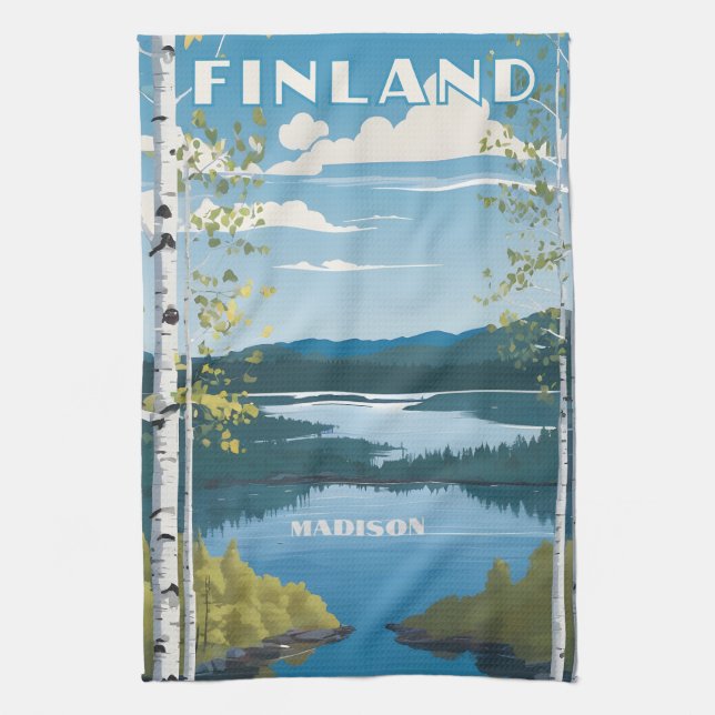 Custom Name Finland Nature Illustration Tea Towel (Vertical)