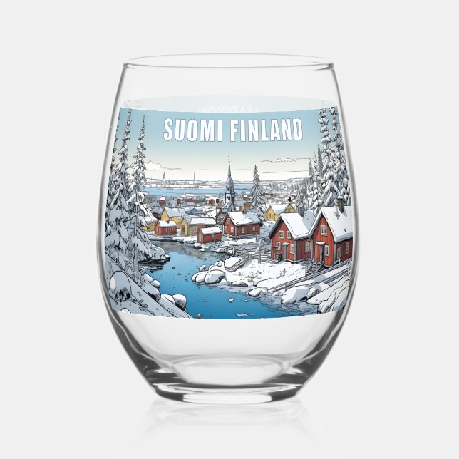 Custom Name Finland Winter Illustration Stemless Wine Glass (Front)