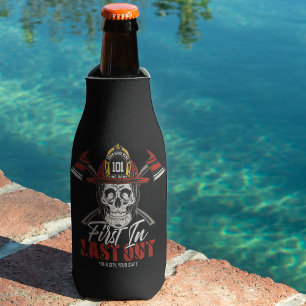 Custom NAME Firefighter First In Last Out Fireman  Bottle Cooler