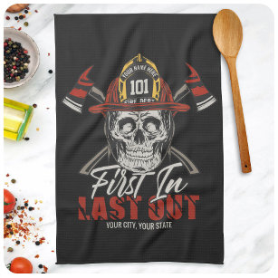 Custom NAME Firefighter First In Last Out Fireman  Tea Towel