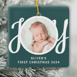 Custom Name First Christmas Photo Green Keepsake Ceramic Ornament<br><div class="desc">This cute Baby's First Christmas Photo Ornament is decorated with the word JOY in stylish script typography on a green background.
Easily customisable with your photo,  name,  and year.</div>