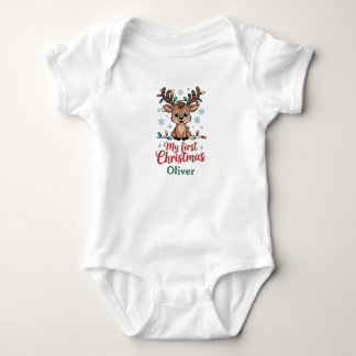Custom Name First Christmas Reindeer Baby Bodysuit