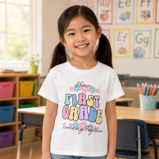 Custom Name First Grade Learning Together Retro T-Shirt
