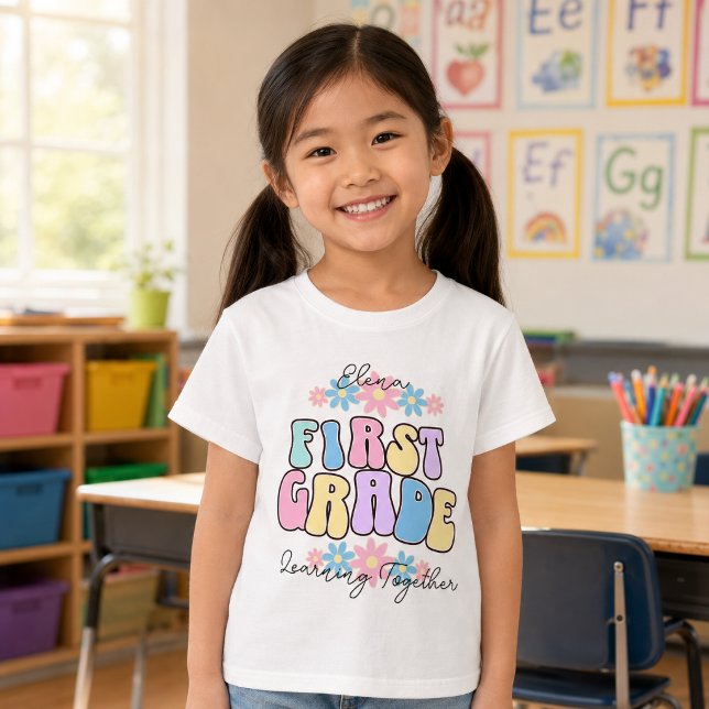 Custom Name First Grade Learning Together Retro T-Shirt (Creator Uploaded)