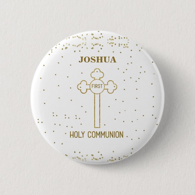 Custom Name First Holy Communion Gold Look Cross 6 Cm Round Badge (Front)