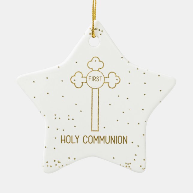 Custom Name First Holy Communion Gold Look Cross Ceramic Tree Decoration (Front)