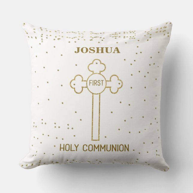 Custom Name First Holy Communion Gold Look Cross Cushion (Front)