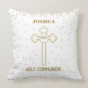Custom Name First Holy Communion Gold Look Cross Cushion