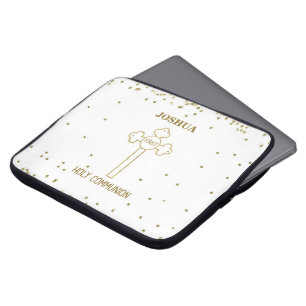 Custom Name First Holy Communion Gold Look Cross Laptop Sleeve