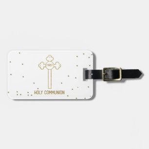 Custom Name First Holy Communion Gold Look Cross Luggage Tag