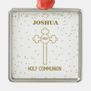 Custom Name First Holy Communion Gold Look Cross Metal Tree Decoration