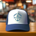 Custom Name First Mate Boat Anchor Navy Blue Hat<br><div class="desc">Custom boat hat with a navy blue nautical anchor reading FIRST MATE and your personalised name. Great gift for a boating trip,  your own sailboat,  yacht,  or family boat crew.</div>