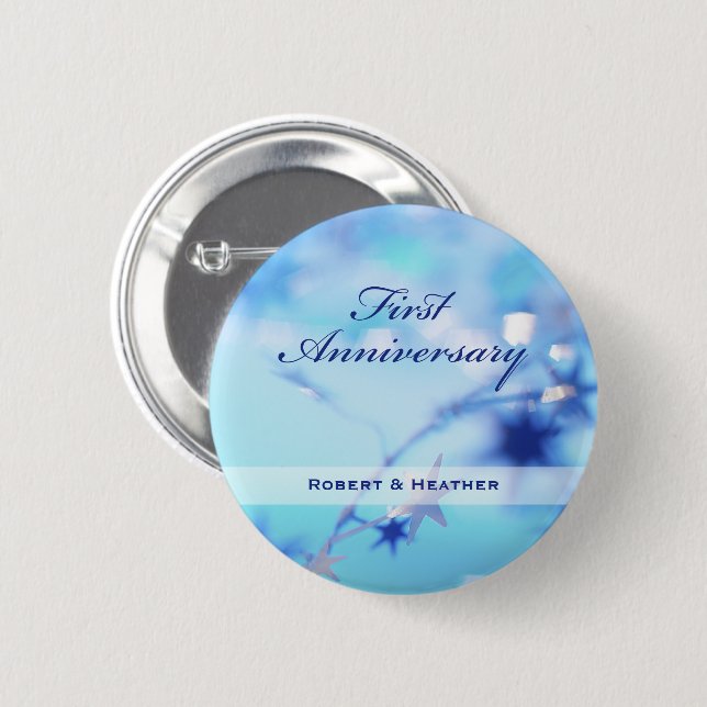 Custom Name, First Wedding Anniversary Sparkle 6 Cm Round Badge (Front & Back)
