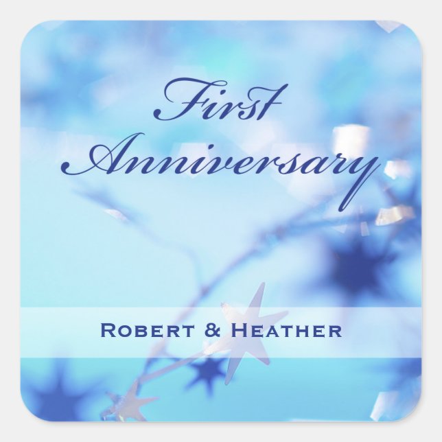 Custom Name, First Wedding Anniversary Sparkle Square Sticker (Front)